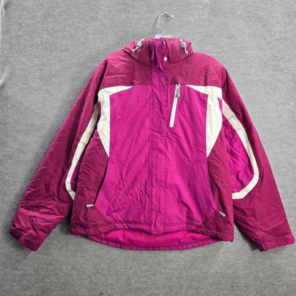 LL‎ Bean Women Jacket Large Pink Colorblock Hooded Nylon Full Zip Pockets Logo